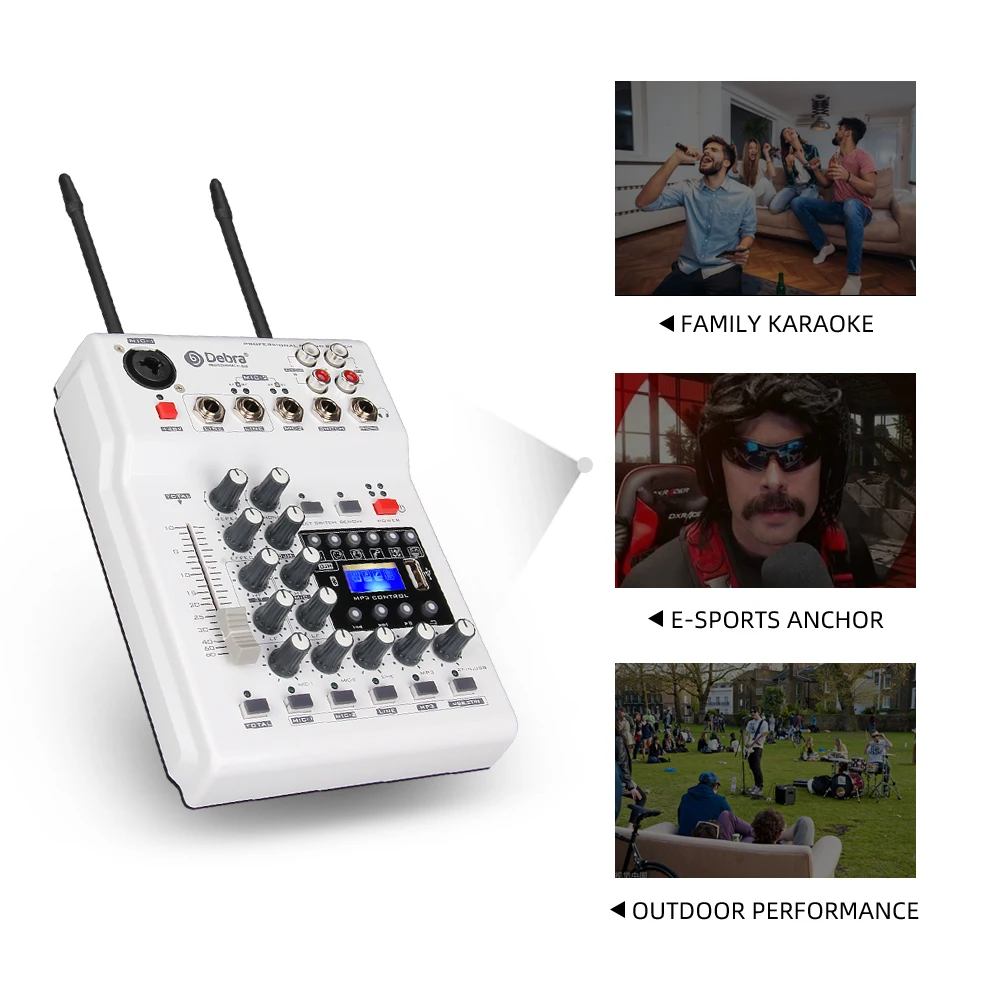 Audio MM-02  DJ Mixer Console With UHF 2  Wireless Microphones with 48V Phantom