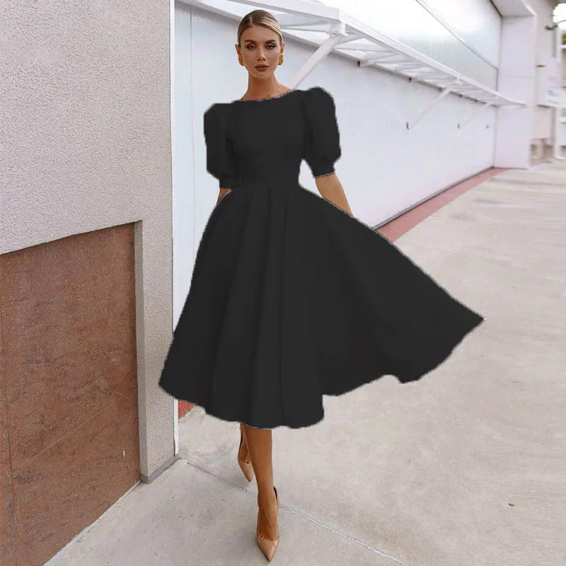 Women Dress For Party Sexy Backless Spring Summer New A Line Midi Dresses Puff Short Sleeve Ladies Elegant Female Vestidos