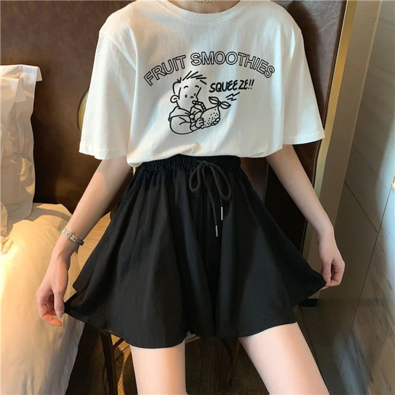 Black High Waist Drawstring Skirt Shorts Summer New Solid Color Loose All-match Youth A-line Pants Casual Fashion Women Clothing