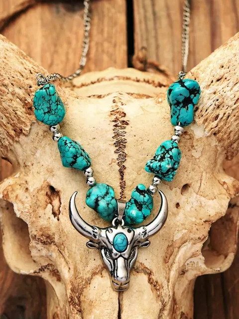 New Turquoise Cross Steer Skull Pendant 