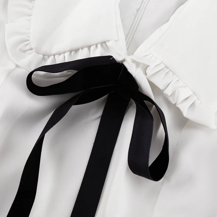 Ruffled White Elegant Long Dress Women's V-Neck Lace-Up Short Sleeve High Waist Patchwork Party Dress Ladies Maxi Dress