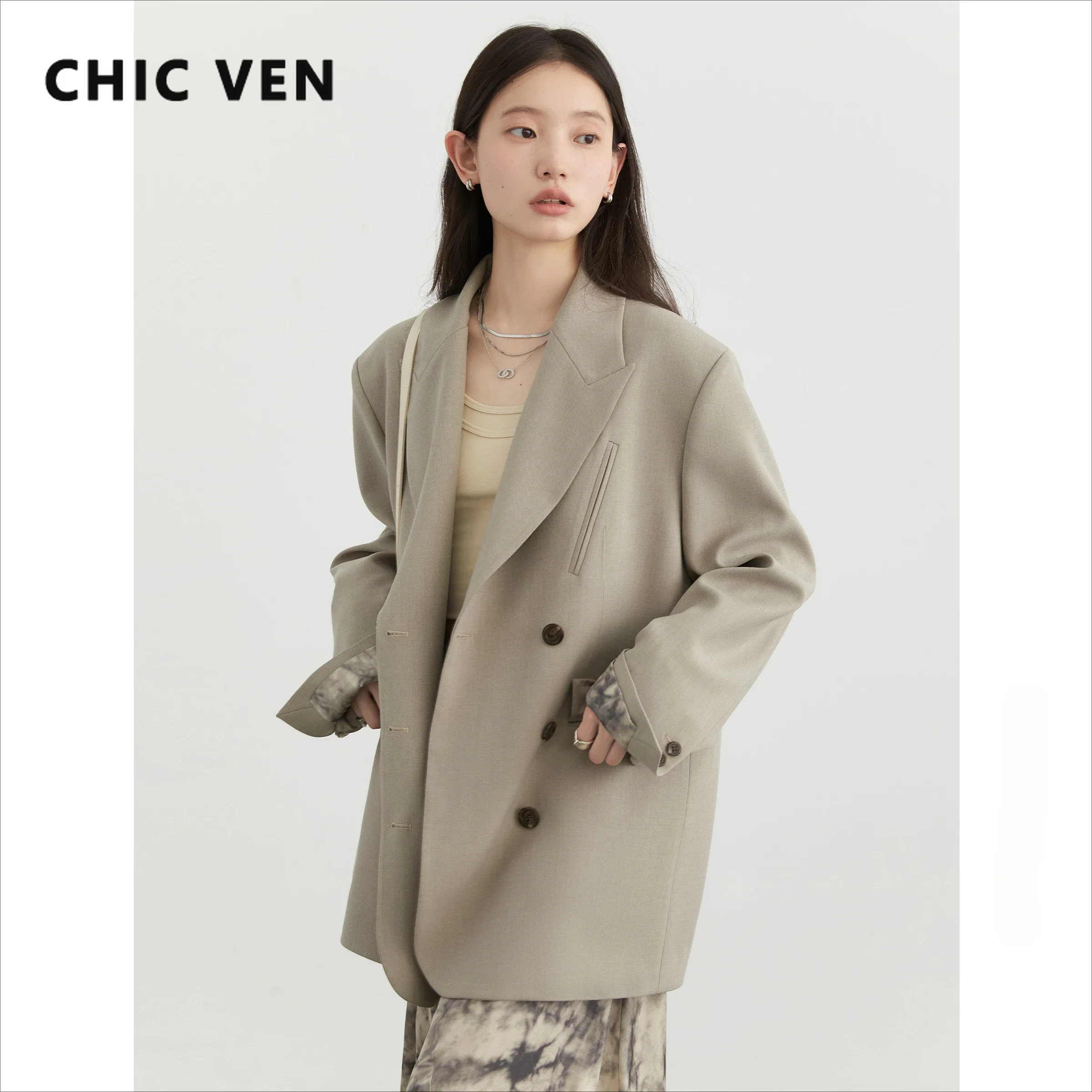 CHIC VEN Women Blazer Solid Loose Korean Wide Shoulder Female Jacket Double Breasted Woman Coat Spring Autumn