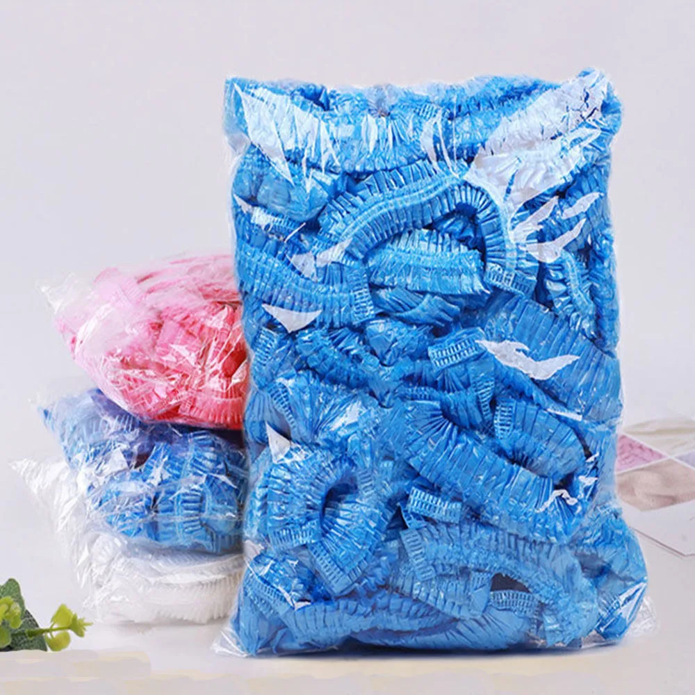 50 개/몫 Thicken 일회용 샤워 캡 모자 목욕 캡 호텔 일회용 탄성 샤워 캡 Clear Hair Salon Bathroom Bath Caps 