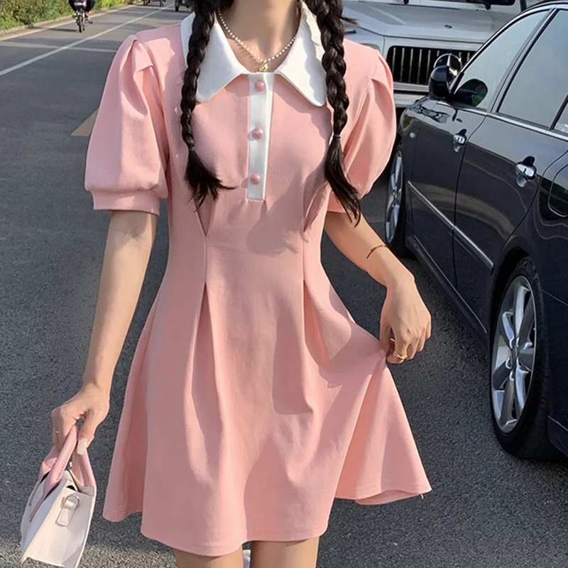 

MEXZT Sweet Dress Women Puff Short Sleeve Slim A Line Mini Dress Student Preppy Style Kawaii Turn Down Collar High Waist Dress