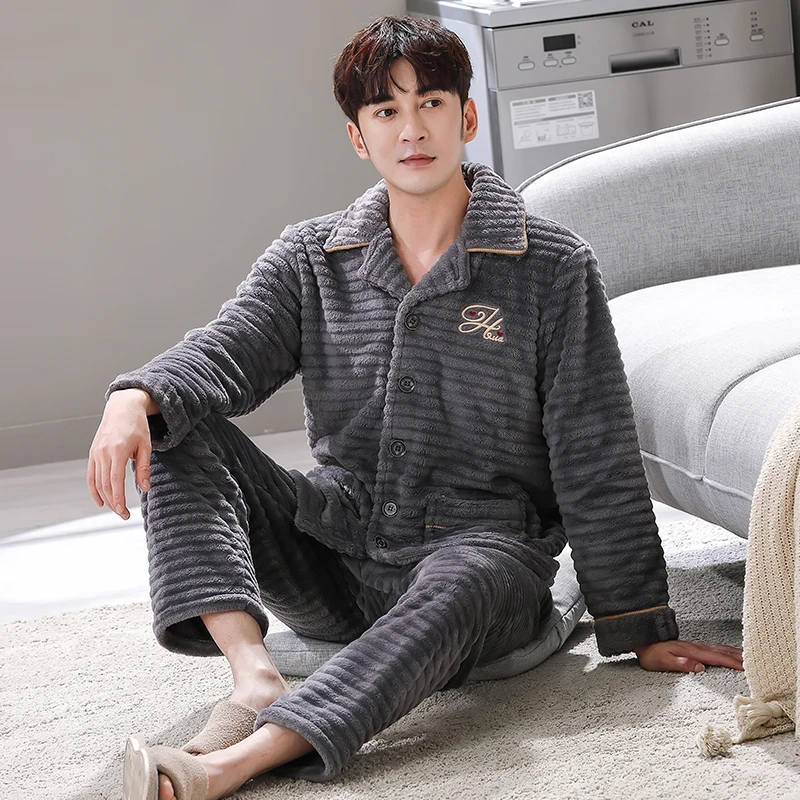 겨울 잠옷 남성용 두꺼운 산호 양털 잠옷 세트 따뜻한 잠옷 플란넬 남성용 잠옷 세트 캐주얼 홈웨어 피자마 L-3XL