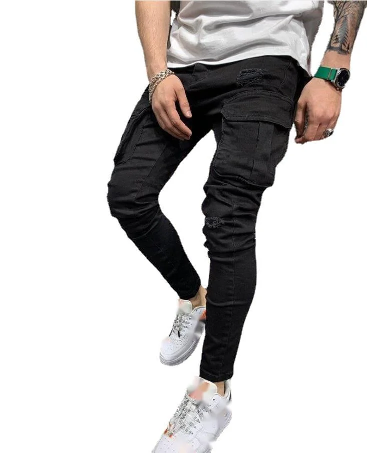 Stor mengderabat, flere lommer med hull, elastiske jeans med små ben, høykvalitets denimbukser til arbeidsklær for menn_voghion.com