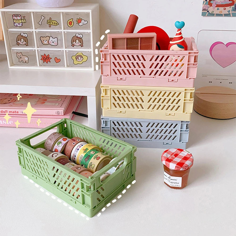 4pcs Mini Folding Plastic Storage Box For Student Desktop Organization, Hand Account Tape, Stationery Placement, Folding Basket