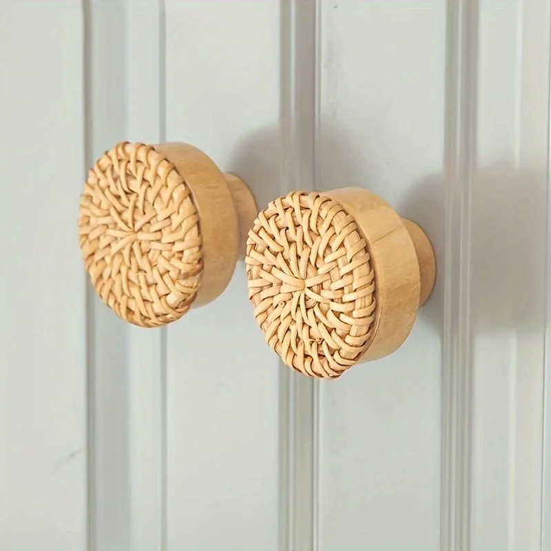Boho Rattan Dresser Knobs Durable Beech Wood Drawer Knobs Handmade Wicker Woven Pulls with 6 Screws 6 Pack furniture knobs