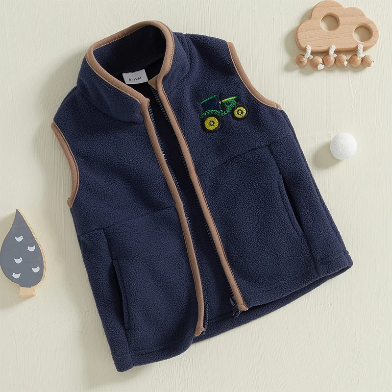 Children Vest 0-4Y Toddler Kids Boys Autumn Sleeveless Stand Collar Zip Up Tractor Embroidery Fleece Vest Jacket