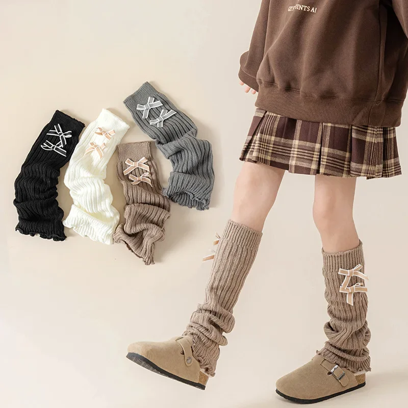 Children leg warmers children knee high socks 3-12 year sweet Korean calf sock for kids girl fashion bow solid color soft cotton autumn