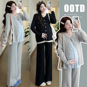 2025 New Style Maternity Autumn Set Fashionable Lazy Style Two Piece Set Knitted Long Sleeve Color Block Top and Pants