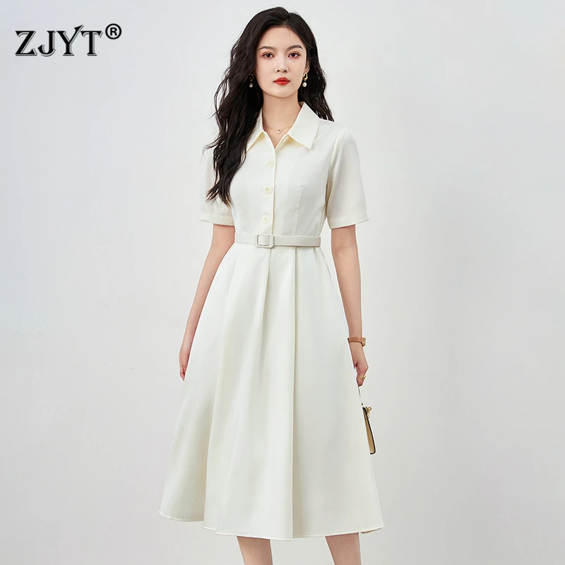 

Элегантное летнее женское платье ZJYT, новинка 2024, белое платье-миди с отложным воротником и коротким рукавом, платья для женщин, женская одежда