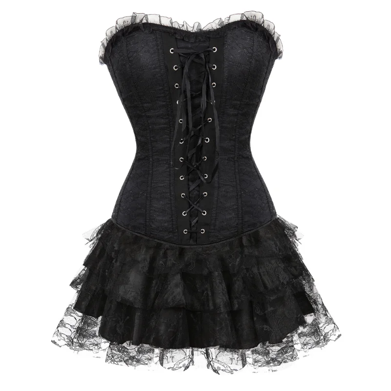 

Women Vintage Lace Trim Corset Dress Sexy Burlesque Floral Corsets Bustiers with Mini Tutu Skirt Witch Costume Plus Size S-6XL