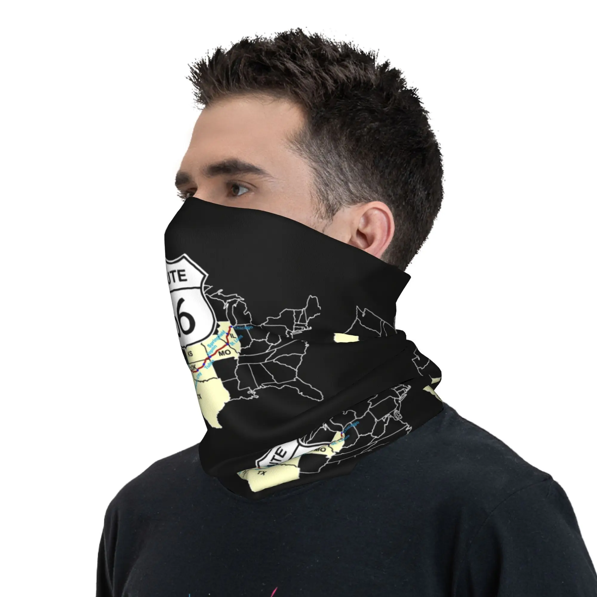 Route 66 USA Highway Bandana Neck Gaiter UV Protection Face Scarf Cover Map Headwear Tube Balaclava