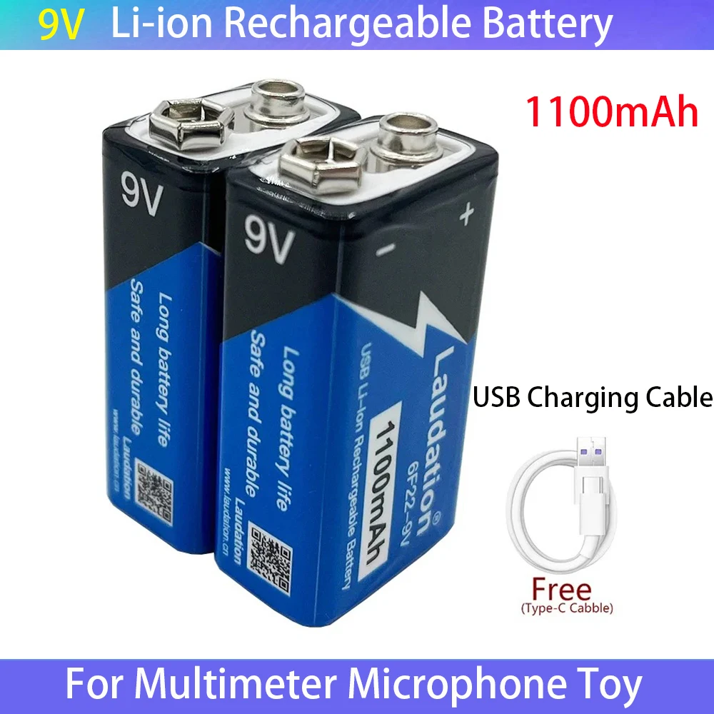 9V 1100mAh Li-ion Rechargeable Battery Type-C Battery 9V USB Lithium For Multimeter Microphone Toy +USB Charging Cable lithium battery