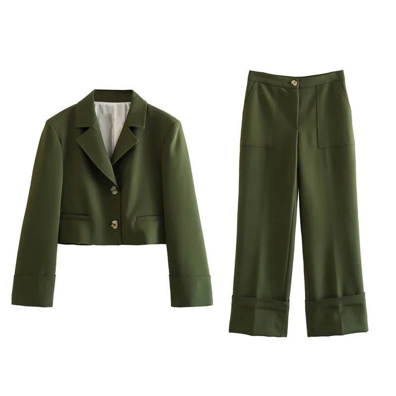

Woman Fashion Armygreen Loose Crop Blazer Suit 2023 Spring Female High Sreeet Blazers Matching Set Ladies Solid Stright Suits