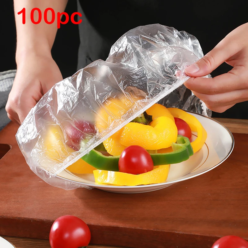 

100pcs Disposable Food Cover Plastic Wrap Elastic Food Lids For Fruit Bowls Cups Caps Storage Kitchen Fresh Keeping Saver Bag