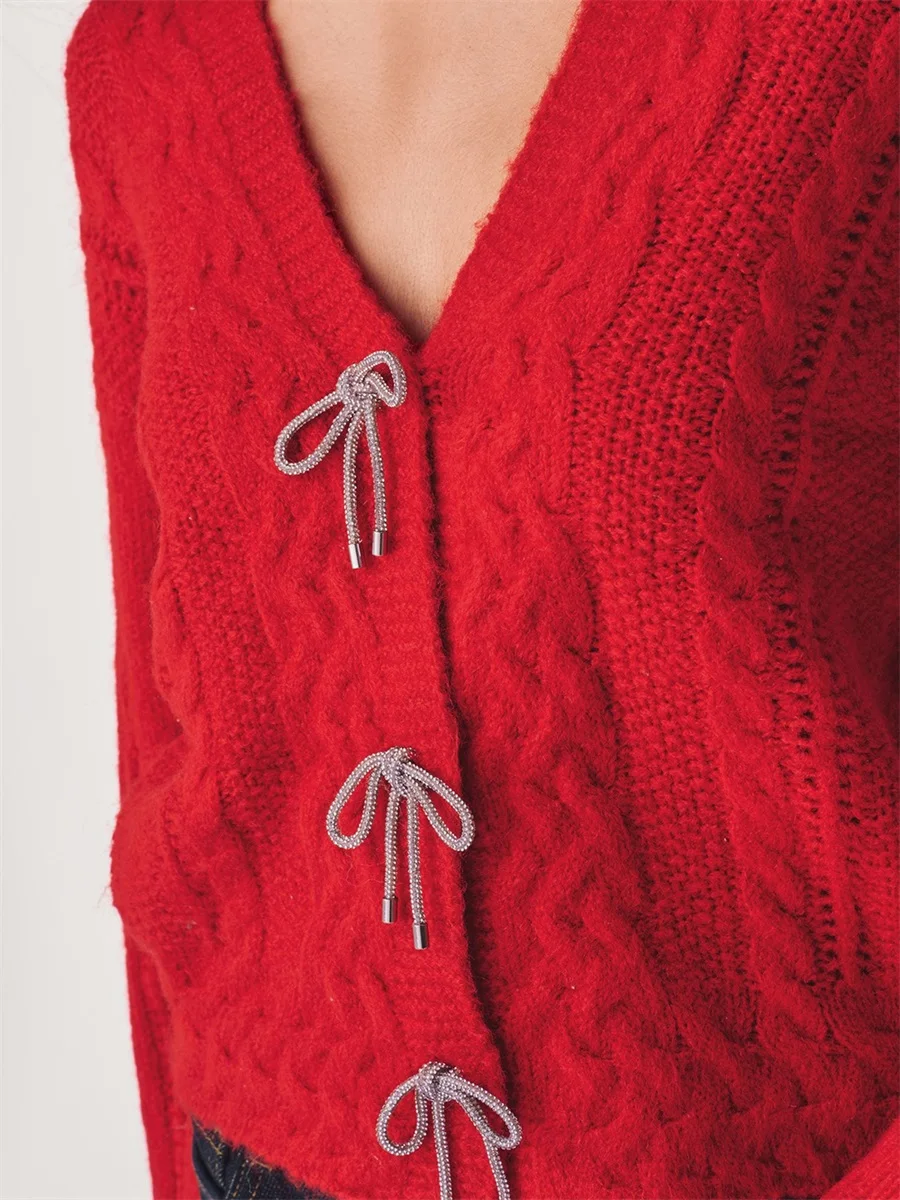 Ladies Knitted Cardigan with Tie Bow Detail Snap Button Closure V Neck and Long Sleeves - Stylish Sweater Jacket for