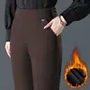 Temperament Casual Autumn Winter Plus Velvet Thicken Pants New Women Solid Pockets Elastic High Waist Fashion Straight Trousers 1