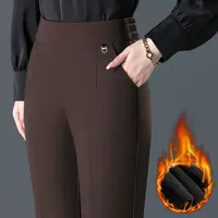 Temperament Casual Autumn Winter Plus Velvet Thicken Pants New Women Solid Pockets Elastic High Waist Fashion Straight Trousers 1