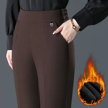 Temperamento Casual Autunno Inverno Plus Pantaloni addensati in velluto Nuove donne Tasche solide Pantaloni dritti elastici a vita alta 1