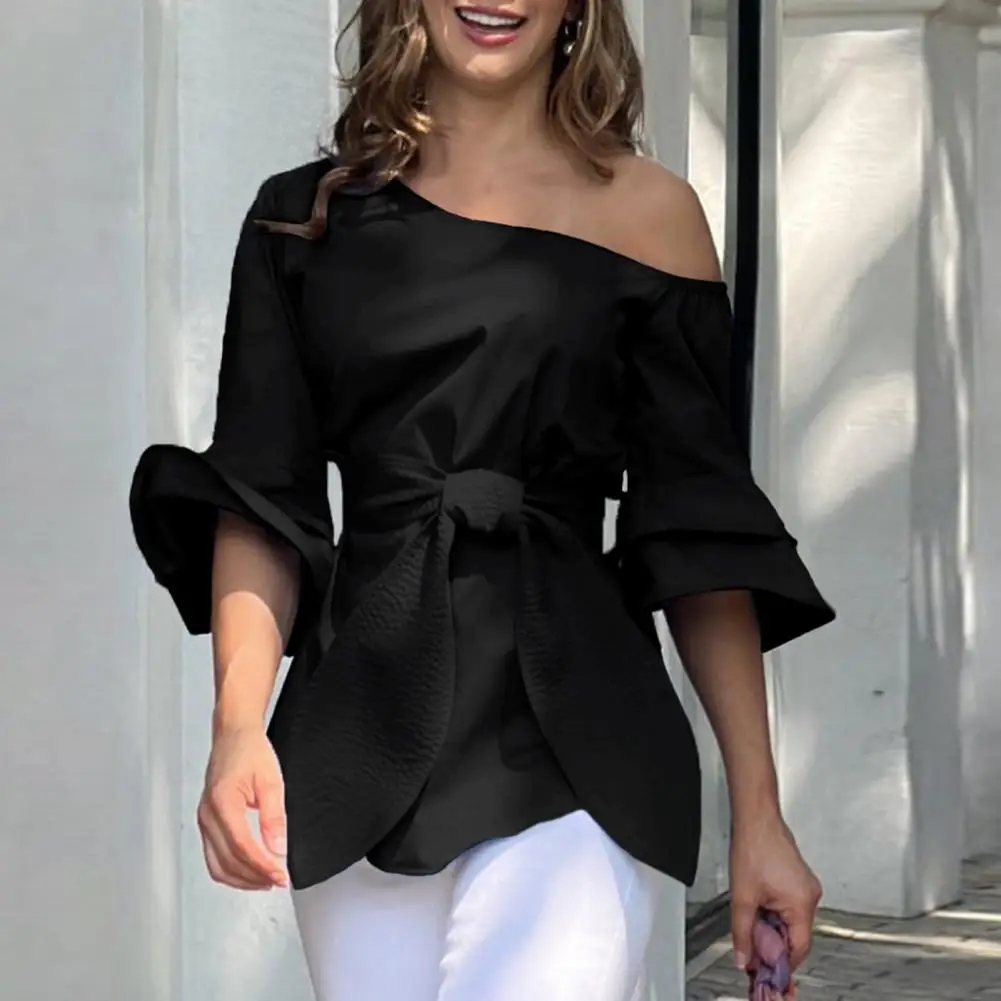 

Легкая женская рубашка, стильная женская блузка с косым воротником и поясом, расклешенная уличная одежда на лето