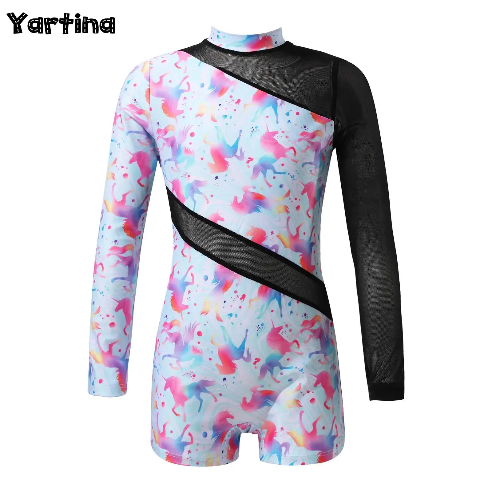 

Kids Girls Ballet Dance Leotards Costume Mock Neck Long Sleeves Mesh Gymnastics Athletic Unitard Tights Jumpsuit Bodysuit
