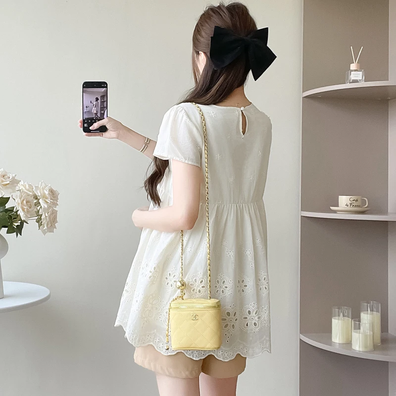 Pregnant Women's Summer Loose Clothes Set Hollow Out Embroidery Lace Shirts Belly Shorts Two Pieces Set Maternity Blouses Suits