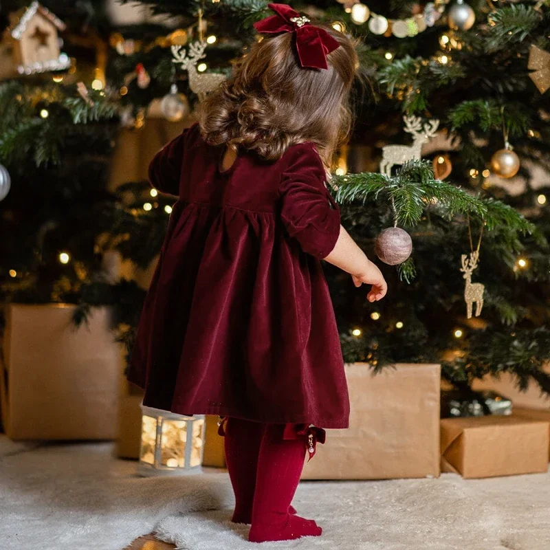 Chic Christmas Red Evening Party Velvet Dress Girls Solid Color Loose Long Sleeved Autumn Dresses Toddler Kids Clothes