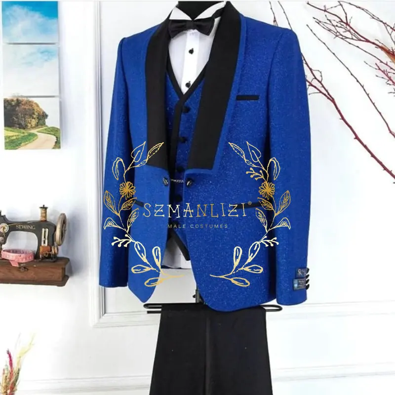 

Shiny Royal Blue Men Suits 3 Pieces Shawl Lapel Wedding Groom Tuxedo Slim Fit Formal Male Fashion Blazer For Party Prom 2023