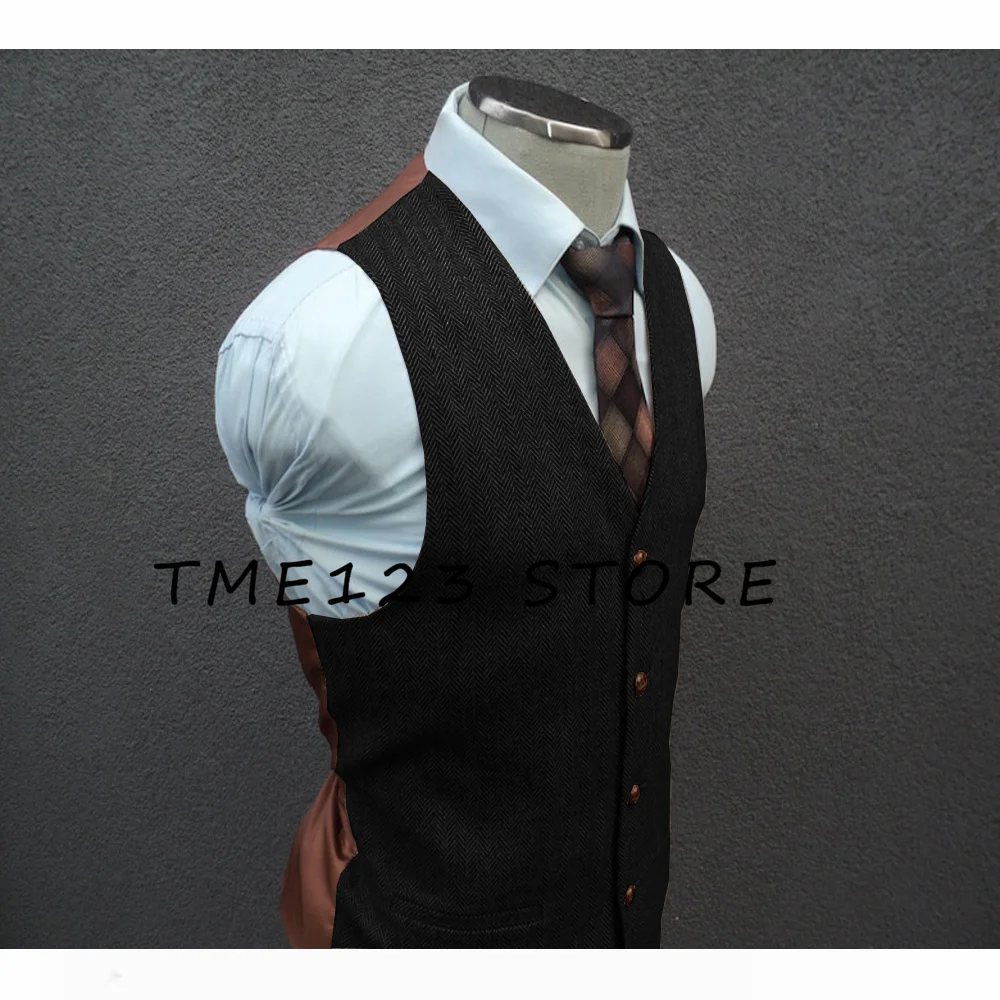Men's Herringbone Vest V-neck Single-breasted Business Fashion Party Vest Luxury Men's Clothing Suit Male Steampunk Cufflinks