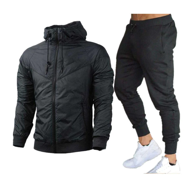 Windproof Warm Hooded Jacket Men's Sports Suits Drawstring Trousers New Zipper Pocket Outerwear Male Daily Casual Two Piece Sets