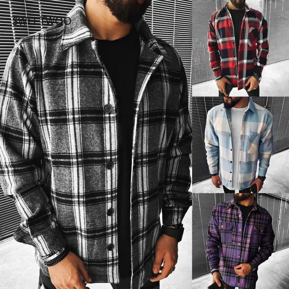 

Men's shirt turn casual fashion collar cotton blended long-sleeved classic check button shirt jacket spring and autumn