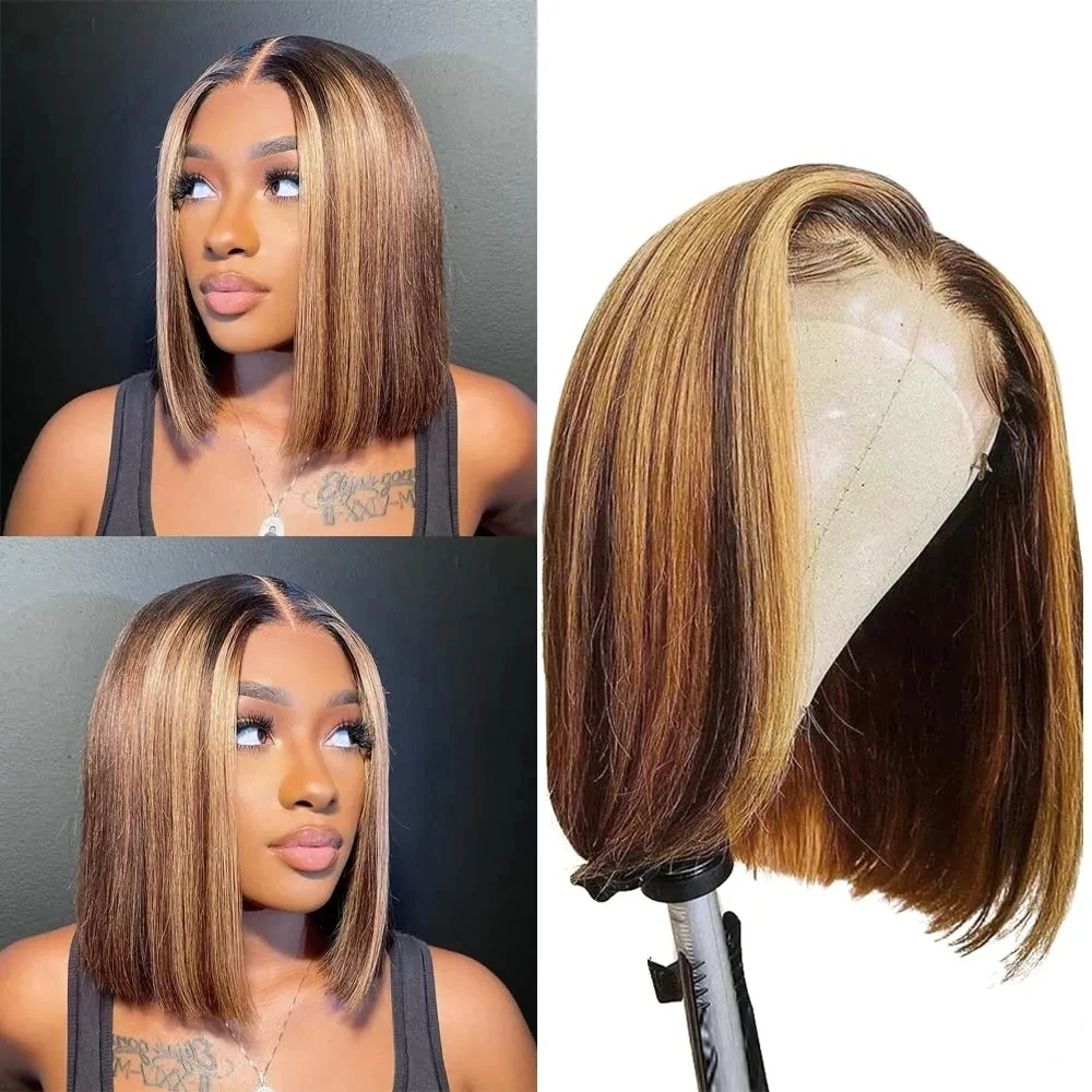 Highlight P4/27 Bob Wigs Brazilian Straight 13x4 T Lace Front Bob Wig Sleek Remy Human Hair Wigs 220% Density Orange Color images - 6