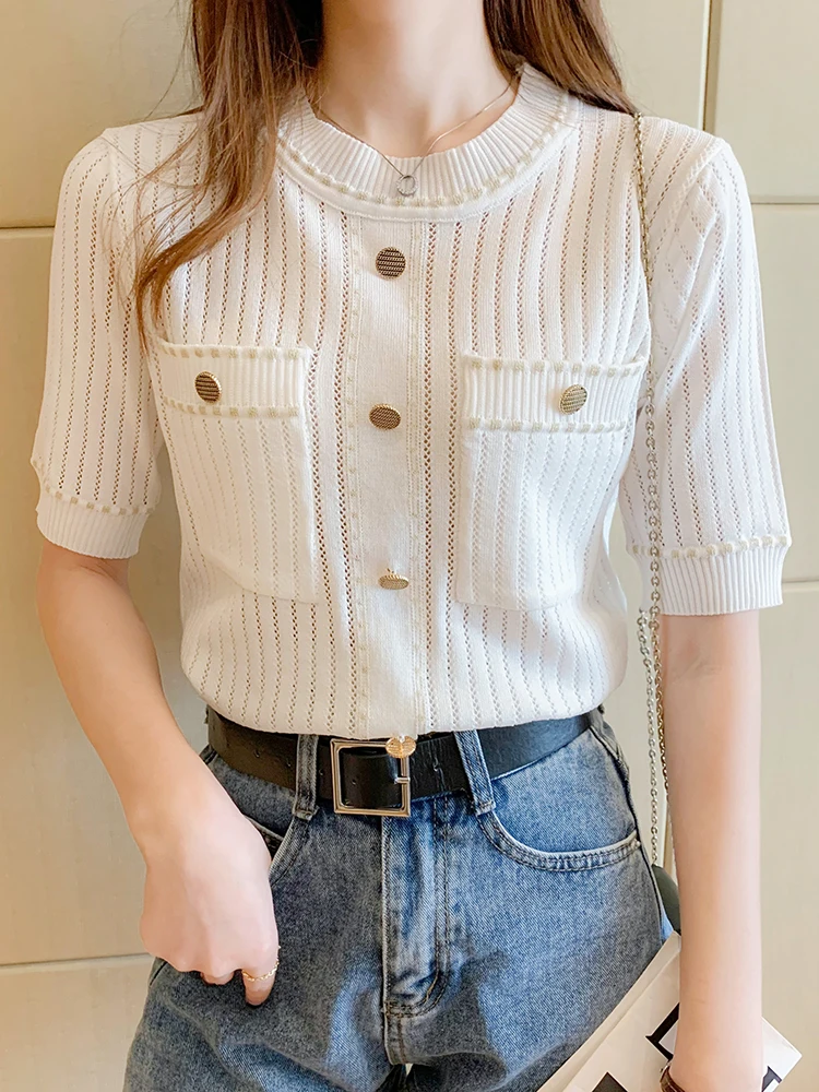 zjaiss White Tshirt Women Summer 2025 Short Sleeve Top Ladies Pockets Basic T Shirts Knitted Casual Clothes Tee Shirt Femme