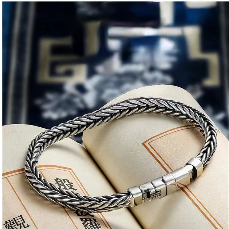 

New S925 Sterling Silver Retro Thai Silver Simple Wind Hand Woven Bracelet Men's Versatile Bracelet Trend Hand Jewelry Bangle