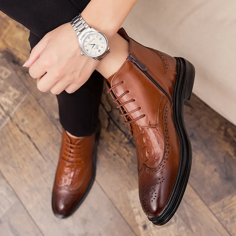 Business Chelsea Boots Mens Winter Ankle Boots Men Leather Zipper Side Thick Artificial Fur Snow Men Winter Dress Shoes