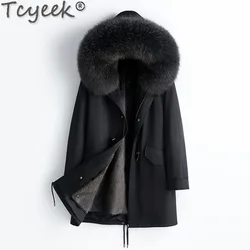 Tcyeek Natural Mink Fur Parka Real Fur Jacket Female Winter Jackets for Women Clothes 2023 Korean Warm Detachable Fox Fur Collar