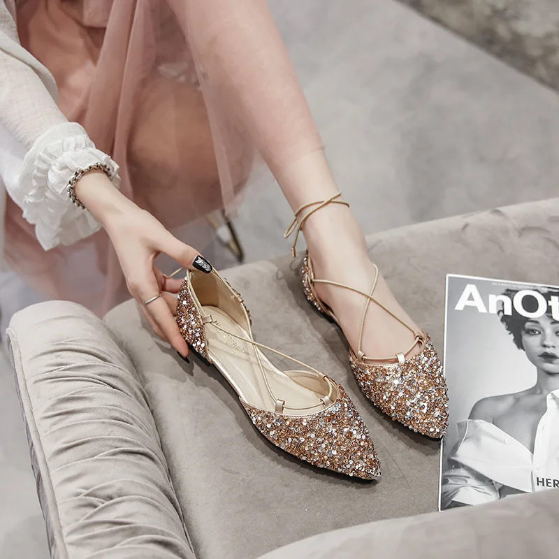 

Shoes For Women Size 33-43 Rhinestone Point Toe Flats 2023 New Fashion Sandals Outdoor British Women's Shoes