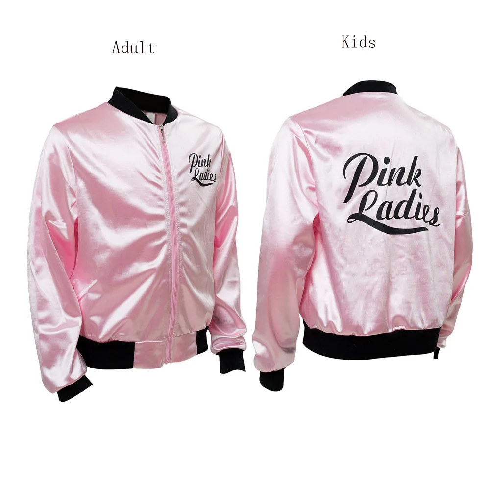 

Kids Adult Grease Pink Ladies Cosplay Jacket Coat Costume Retro Girls Fancy Satin Pink Coats Top Halloween Carnival Party Suit