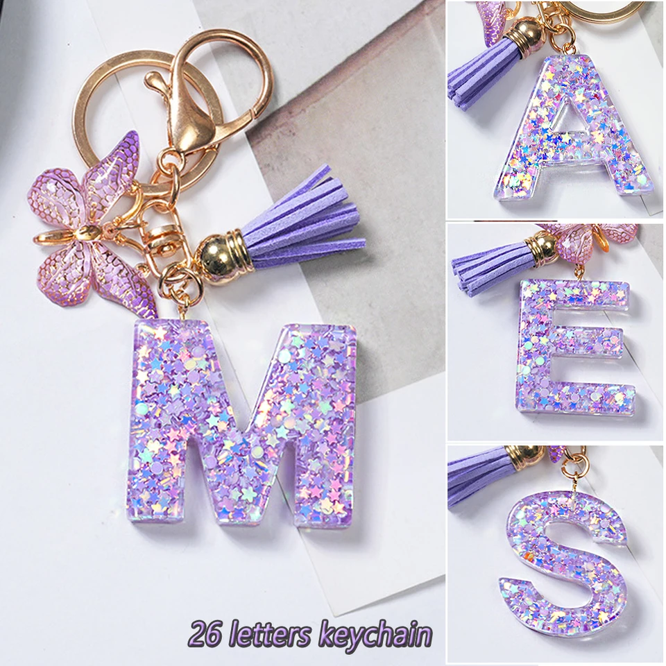 SBSGV Lettera Iniziale Portachiavi Per Le Donne Nappa Farfalla Rosa Viola Carino Auto Portachiavi Per Portafoglio Zaino Borsa Fascino