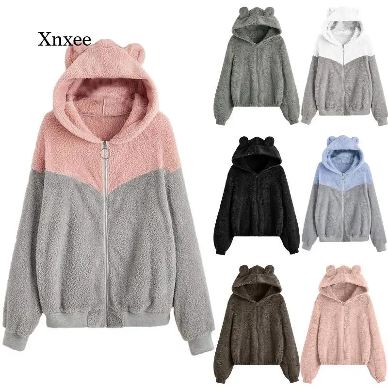 

Зимняя толстовка с капюшоном, свитшот, женские теплые флисовые Топы в стиле пэчворк в форме медведя с длинным рукавом, пуловер, повседневное женское пушистое пальто на молнии с капюшоном