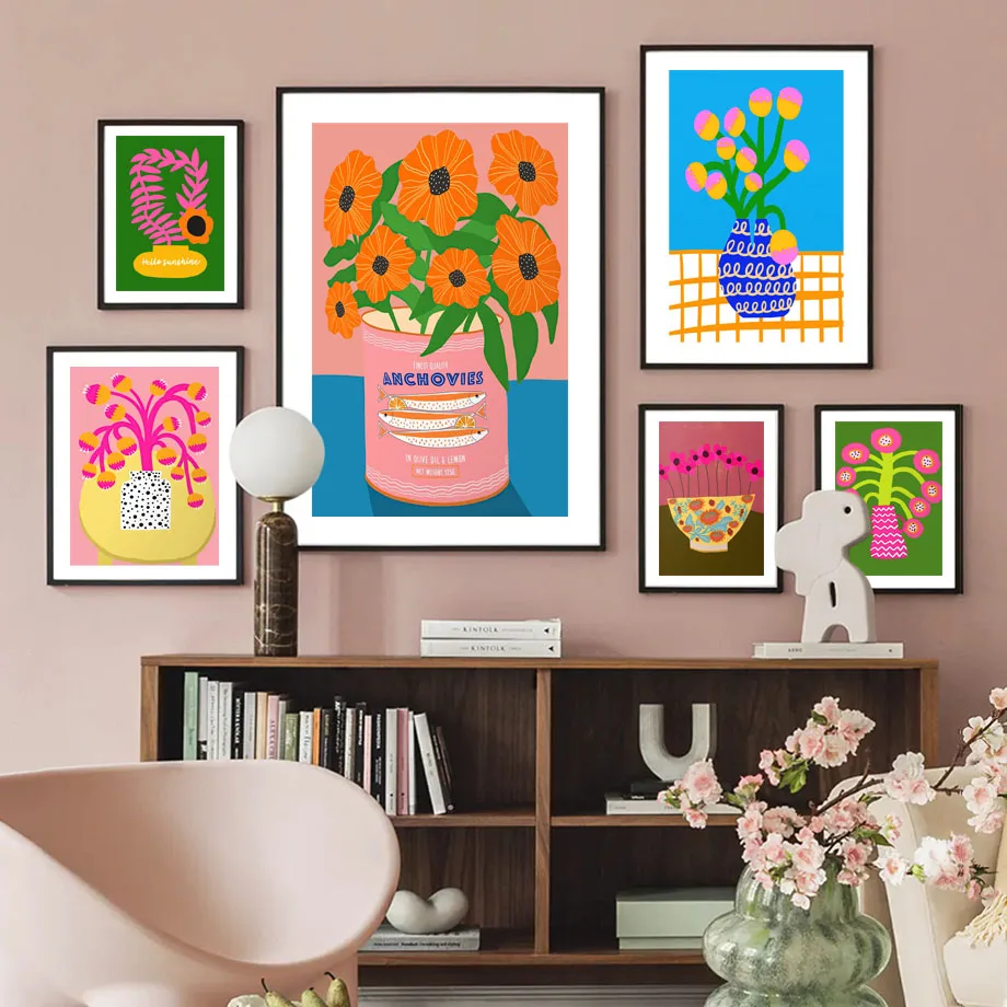 PinkFlowerMarketVaseFloralPlantCuteWallArtCanvasPainting