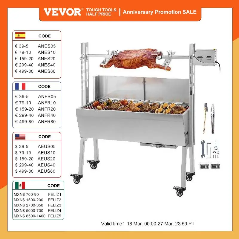 VEVORElectricRoasterBBQRotisserieGrillWLockableWheelsGrillzRoastingTurkeyBeefFish