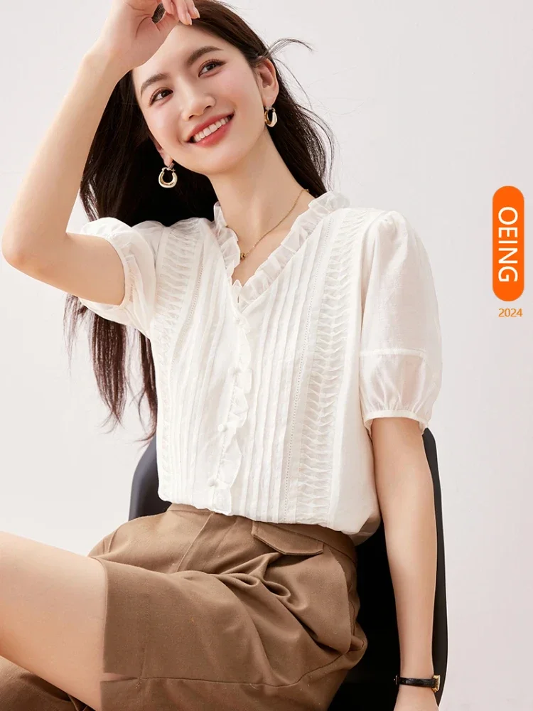 

2024 Summer Puff Short Sleeve V-neck White Chiffon Blouse Women Shirt Elegant Chic Slim Fit Spliced Folds Casual Tops Lady A5055