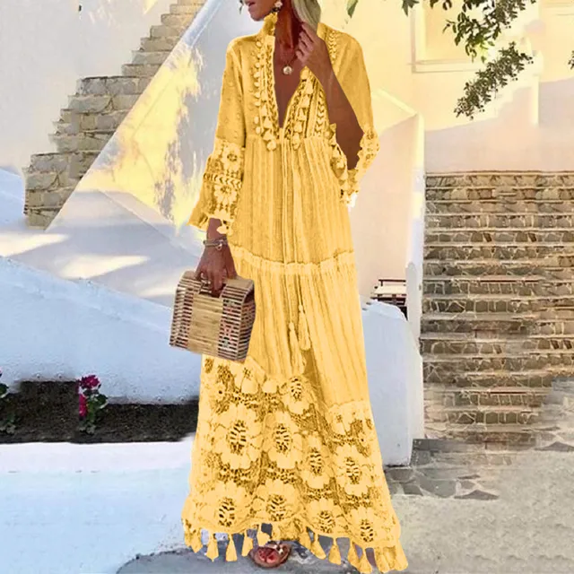 Robe longue bohème à pampilles pour femmes, col en V, grande taille, dentelle, monochromatique, robe élégante, mode décontractée, vacances Boho