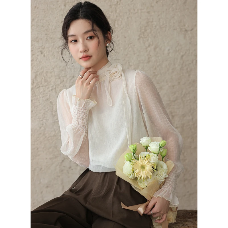 

2024 Early Spring New French Pearl Standing Collar Chiffon Shirt Thin Long sleeved Fashionable Small Shirt Cool and Breathable