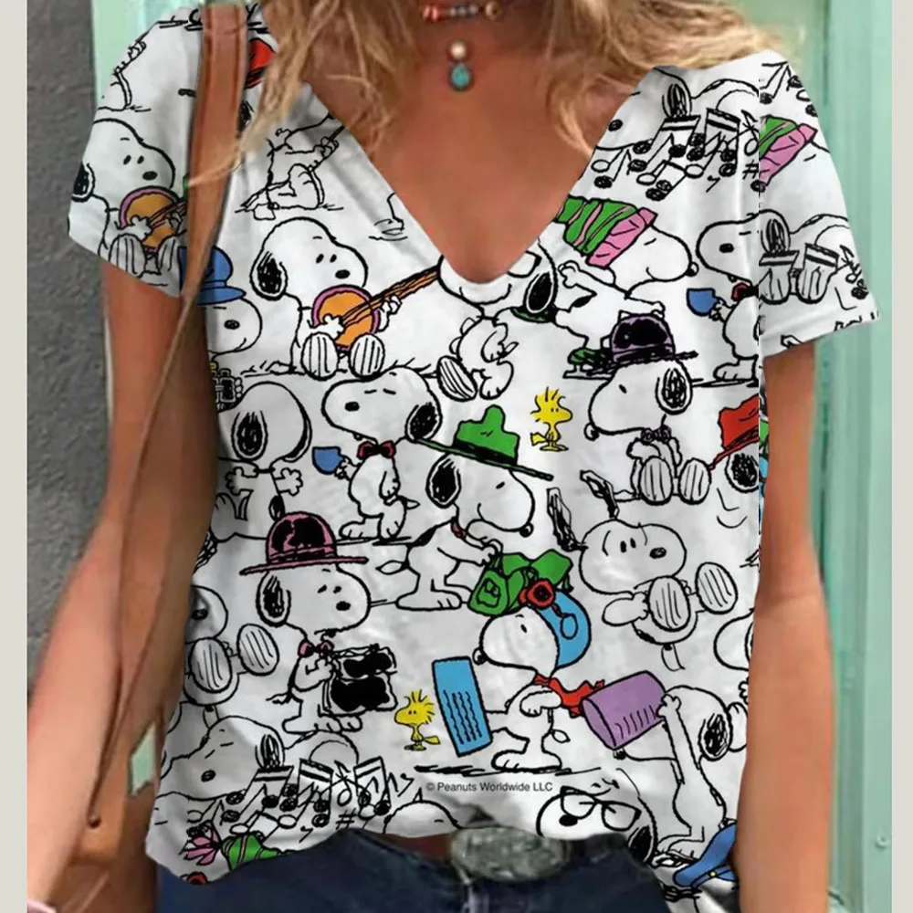 thumbnail image 1 of Camisetas estéticas con cuello en V para mujer, camisetas con estampado gráfico de Snoopy de MINISO, camisetas de manga corta Harajuku Y2k, ropa femenina, top lindo, 1 of 5