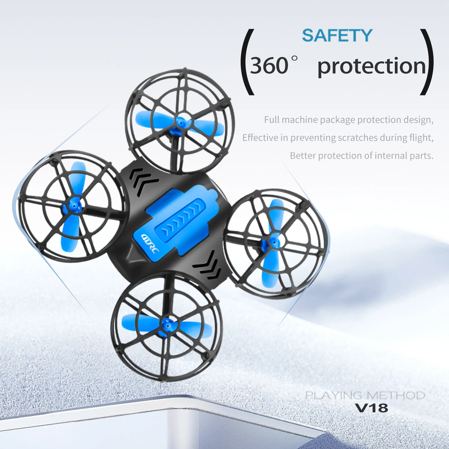 Le Mini Drone Télécommandé V8 ou V18 avec Caméra HD capture une vue aérienne d'un paysage urbain, idéal pour les débutants.
