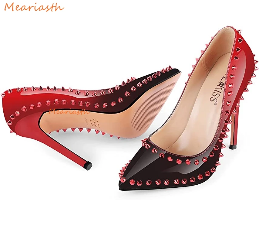 

Meariasth rivets Gradient patent leather Women Pumps Stiletto Heels Pointed Toe Slip on High Heel Pump Shoes for Women Ladies